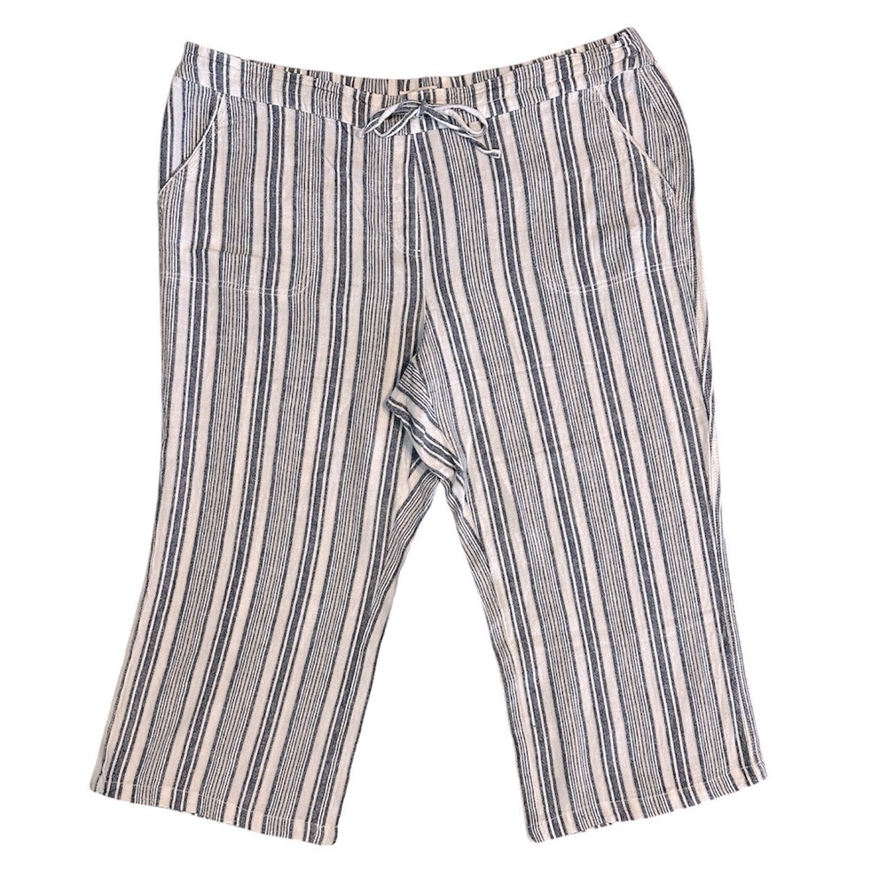Per Se Women's 2X Blue White Striped Linen Blend Pull On Lagenlook Pants
